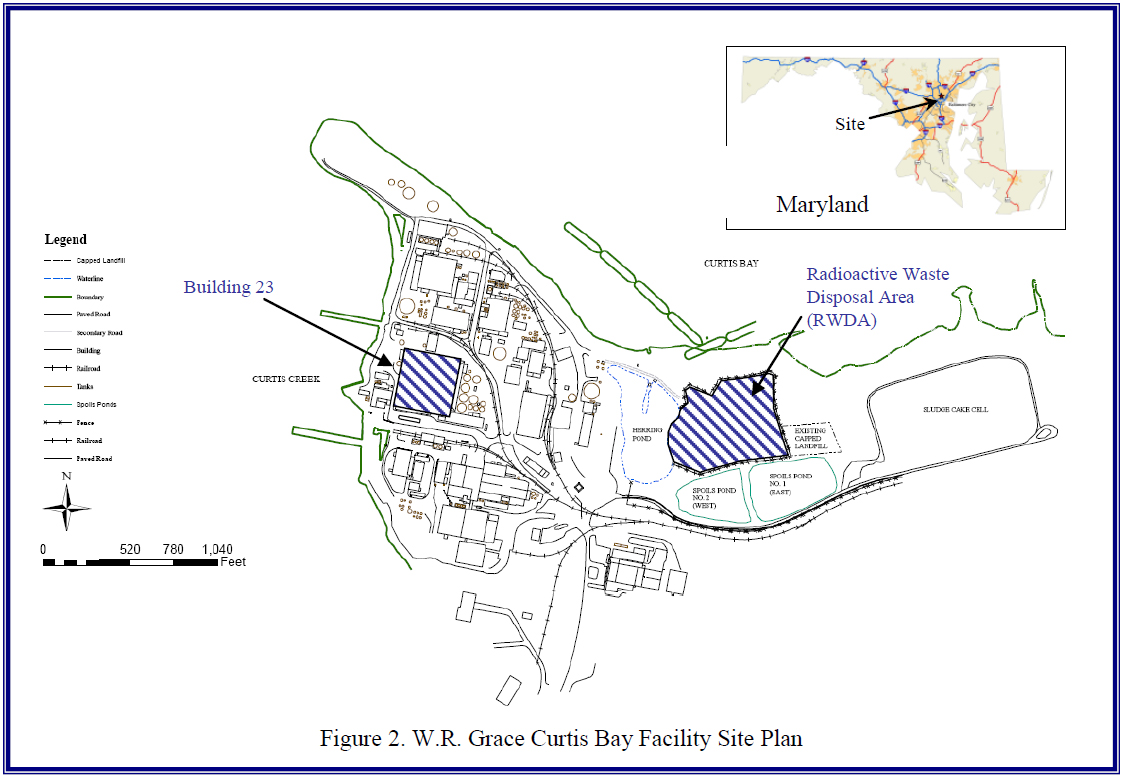 Map showing W.R. Grace FUSRAP project, including Building 23 and the Radioactive Waste Disposal Area, or RWDA.