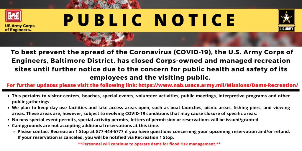 Army Corps to close recreation sites across Pennsylvania, southern New York, Maryland, West Virginia in response to COVID-19 Army Corps to close recreation sites across Pennsylvania, southern New York, Maryland, West Virginia in response to COVID-19